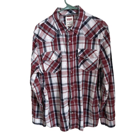 🔥VNTG LEVI’S LONG SLEEVE BUTTON-UP PEARL SNAP PLAID MEN'S SHIRT, VGC, SZ LARGE - Picture 1 of 8